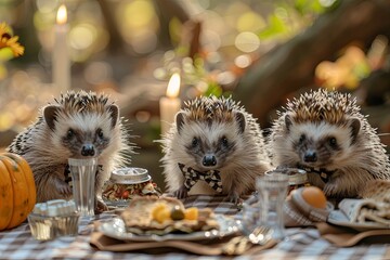 family of hedgehogs hosting a fancy dinner party in their burrow, complete with tiny bowties and elegant table settings. - 780639422