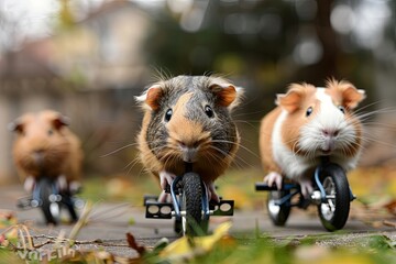 A group of guinea pigs riding miniature bicycles through an obstacle course in the backyard, competing for the title of fastest furry racer - 780639423