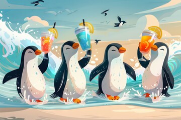 group of penguins enjoying a beach day, surfing on waves of ice while sipping colorful tropical drinks - 780639439