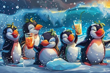 group of penguins enjoying a beach day, surfing on waves of ice while sipping colorful tropical drinks - 780639443