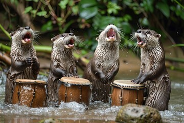 group of otters forming a rock band on the riverbank, with one playing a clamshell guitar and another using a rock as drums. - 780639444