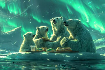 polar bear family having a picnic on an iceberg, feasting on fish sandwiches and ice cream while admiring the northern lights - 780639445