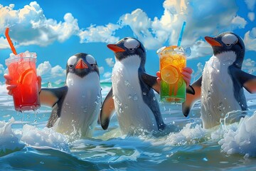 group of penguins enjoying a beach day, surfing on waves of ice while sipping colorful tropical drinks - 780639446