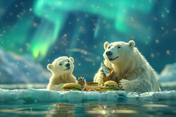 polar bear family having a picnic on an iceberg, feasting on fish sandwiches and ice cream while admiring the northern lights - 780639453