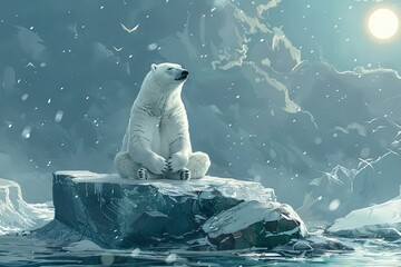 cartoon polar bear practicing yoga on an iceberg, finding inner peace amidst the frozen landscape