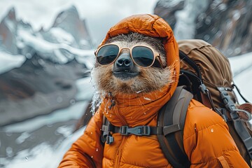 a sloth with backback and wearing mountain clothes and gear climbing everest mountain - 780639469