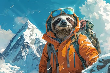 a sloth with backback and wearing mountain clothes and gear climbing everest mountain
