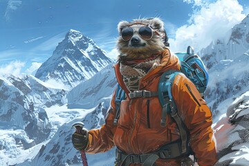 a sloth with backback and wearing mountain clothes and gear climbing everest mountain - 780639473