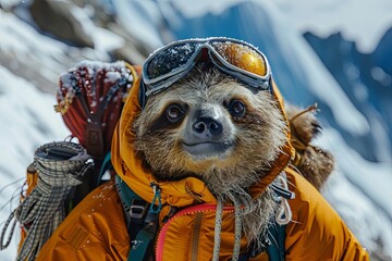 a sloth with backback and wearing mountain clothes and gear climbing everest mountain - 780639476