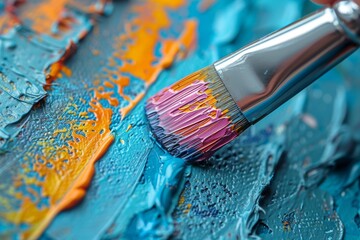A detailed view of a paintbrush with bristles coated in vibrant paints on a textured canvas