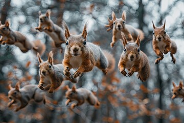 group of squirrels performing a synchronized acorn ballet in the treetops, leaping and twirling with precision - 780639478
