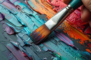 A close-up image of a paintbrush against a vibrant, multicolored painted canvas