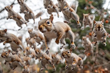group of squirrels performing a synchronized acorn ballet in the treetops, leaping and twirling with precision - 780639483