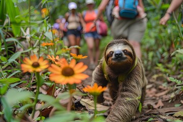 sloth leading a group of hikers on a nature trail, taking its time to appreciate every leaf and flower along the way - 780639485