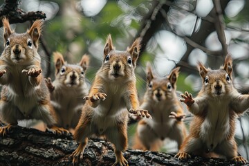 group of squirrels performing a synchronized acorn ballet in the treetops, leaping and twirling with precision