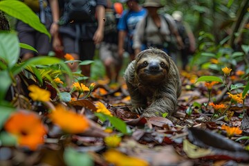 sloth leading a group of hikers on a nature trail, taking its time to appreciate every leaf and flower along the way - 780639487