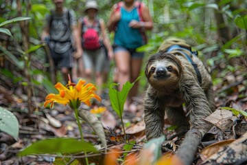 sloth leading a group of hikers on a nature trail, taking its time to appreciate every leaf and flower along the way
