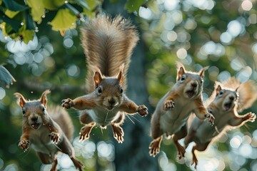 group of squirrels performing a synchronized acorn ballet in the treetops, leaping and twirling with precision