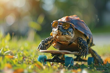 turtle riding a skateboard down a grassy hill, wearing sunglasses and a backwards cap for added coolness. - 780639492