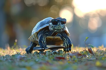 turtle riding a skateboard down a grassy hill, wearing sunglasses and a backwards cap for added coolness. - 780639495