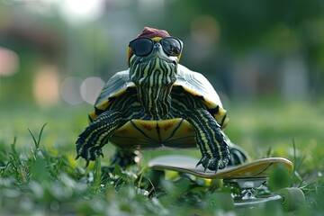 turtle riding a skateboard down a grassy hill, wearing sunglasses and a backwards cap for added coolness. - 780639496