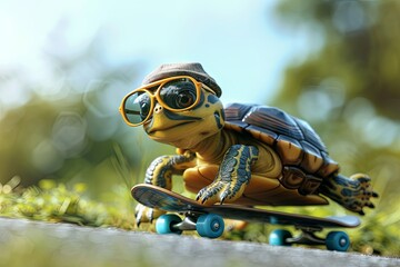 turtle riding a skateboard down a grassy hill, wearing sunglasses and a backwards cap for added coolness.