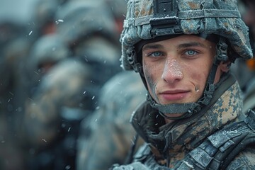 A contemplative soldier with snowflakes on his face and uniform, showcasing the challenges of military duty in winter conditions - obrazy, fototapety, plakaty