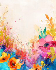 Fototapeta na wymiar Watercolor Rainbow Floral Background with Copy Space