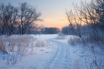 A snow-covered field with trees and a path leading through the winter landscape during twilight