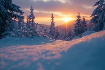 The sun dips below the horizon, casting a warm glow over a snow-covered forest during twilight hours - Powered by Adobe