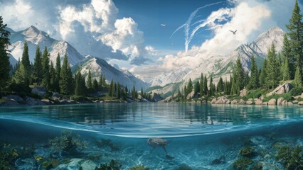 Tranquil Mountain Lake Landscape: HD Wallpaper - obrazy, fototapety, plakaty