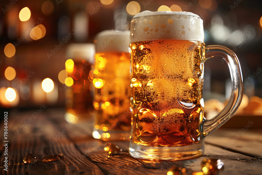 Poster beer glasses on a table. fresh beer. cold craft beer. background image. created with generative ai t