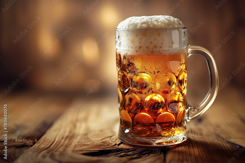 Poster a beer glass on a table. fresh beer. cold craft beer. background image. created with generative ai t