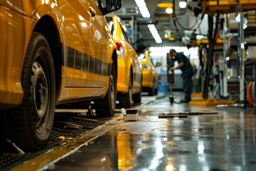 A yellow taxi cab is parked inside a garage with mechanics inspecting and servicing the vehicle