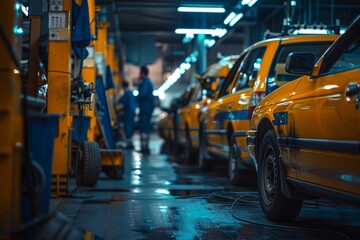 Line of bright yellow taxi cabs parked closely together at a service center, with mechanics...