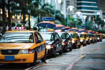 A line of taxi cabs parked along the side of a busy urban street, waiting for passengers