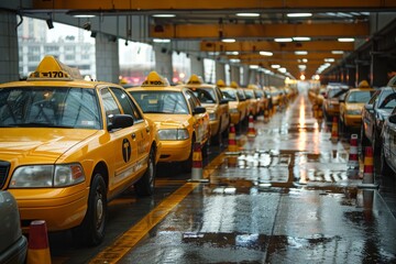 A line of taxi cabs parked next to each other at a designated taxi stand area with drivers waiting for passengers