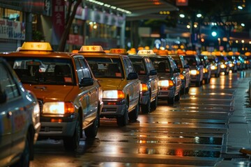 Line of taxi cabs parked along the side of the street at a designated stand area with drivers...