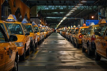 A line of taxi cabs waiting in a designated parking area, with drivers inside their vehicles