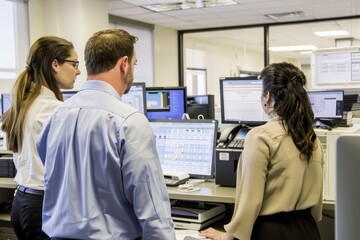 A group of people standing in front of computers, engaged in work or collaboration in a business setting