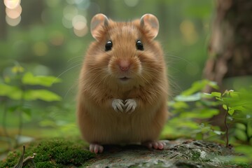 A hamster standing on a rock in the woods