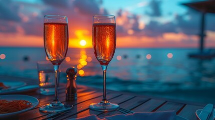 Summer love, romance date concept on vacation with romantic sunset dinner on the beach. A luxurious dinner is served with champagne drinks in a restaurant with a sea view.