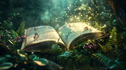 Fantasy and literature concept. 3D style Illustration of magical book with fantasy stories inside it. The concept for World Book Day background with copy space. Beautiful background.