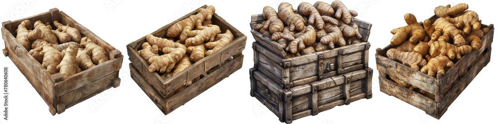 Wall mural Wooden Box Full Of Ginger Hyperrealistic Highly Detailed Isolated On Transparent Background Png - Wall murals
