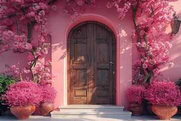 A realistic D image of a wooden door stands amidst a stunning cherry garden, Generated by AI
