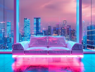 Floating modular sofa, neon accents, against a backdrop of futuristic city skyline.