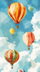 Obraz premium Hand-drawn watercolor, colorful balloon festival, high angle, retro vibe.