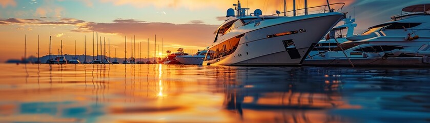 Luxury yacht club at sunset, calm waters, eye-level view, opulent leisure scene
