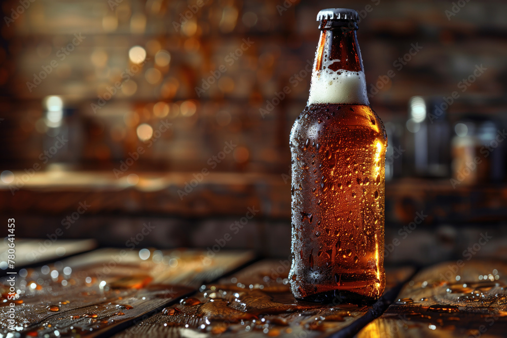 Poster bottle of beer on the table. cold craft beer. background image. created with generative ai technolog