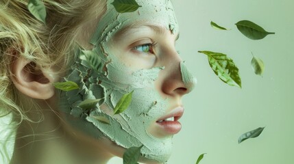 Woman wearing green clay face mask with falling leaves in her hair, natural beauty and skincare treatment concept